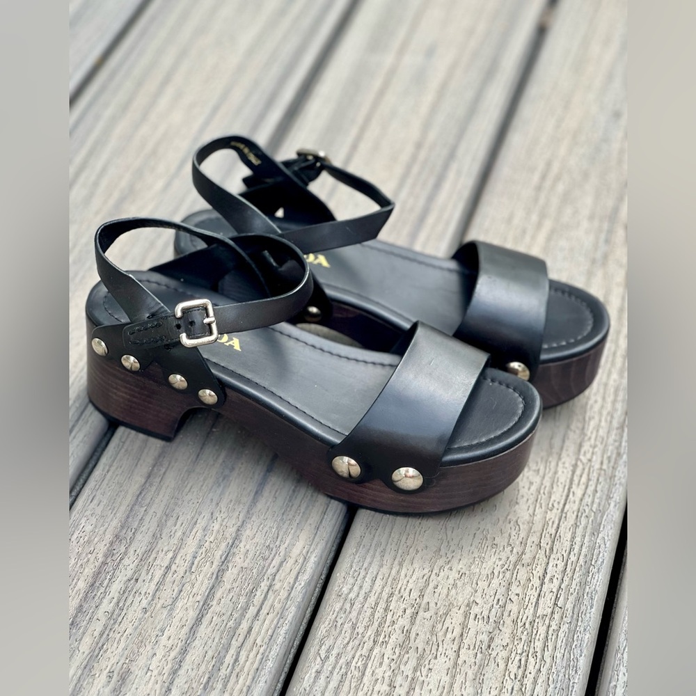 Prada Leather Platform Black Studded Sandals